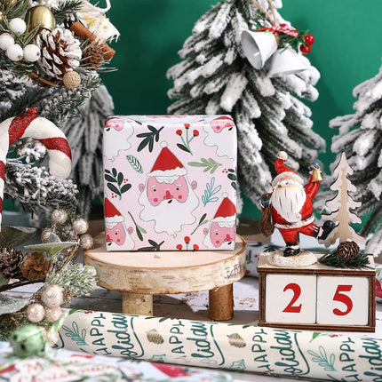 3 Rolls Cute Christmas Wrapping Paper – Pink Santa & Holiday Socks, 17x120 Inch