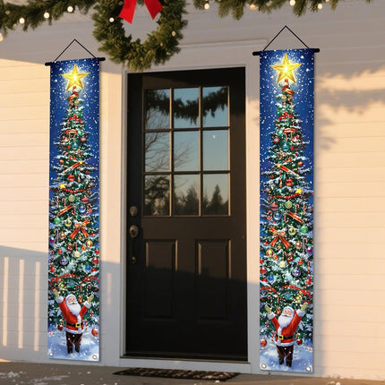 Christmas Door Banner Set – Snowy Tree & Santa Porch Decorations for Home & Yard