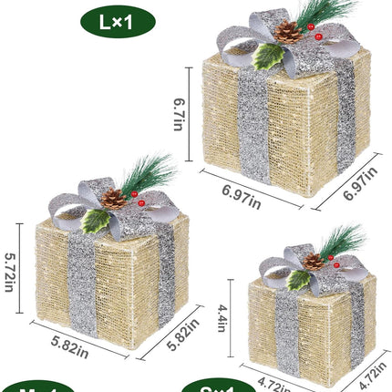 Christmas Lighted Gift Boxes – Gold Linen, Pre-lit, Battery Operated Set