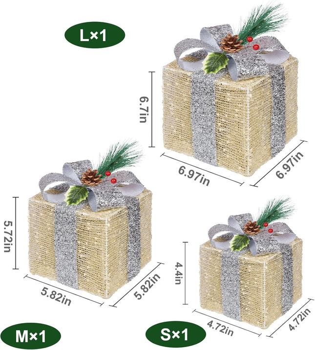 Christmas Lighted Gift Boxes – Gold Linen, Pre-lit, Battery Operated Set