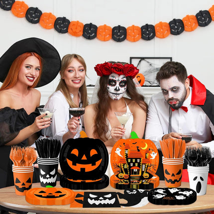 Halloween Party Tableware Set, Pumpkin Ghost Paper Plates, Cups & Napkins
