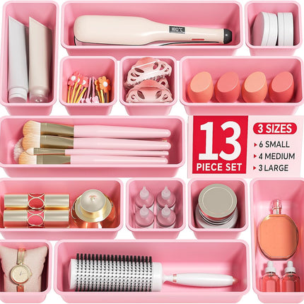 13 Pack Pink Drawer Organizer Set, 3 Sizes Storage Trays for Home & Office