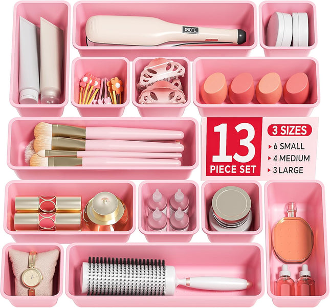 13 Pack Pink Drawer Organizer Set, 3 Sizes Storage Trays for Home & Office