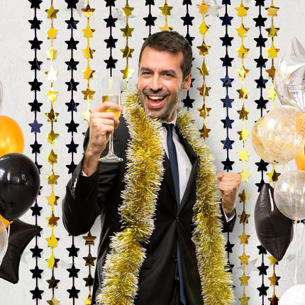 New Year 2026 Party Decorations – 2-Pack Black & Gold Star Fringe Curtains