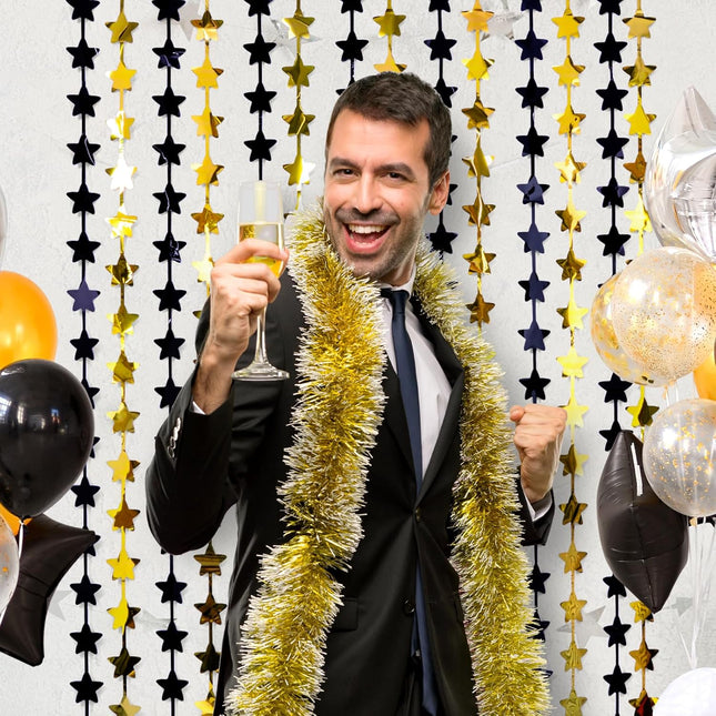 New Year 2026 Party Decorations – 2-Pack Black & Gold Star Fringe Curtains