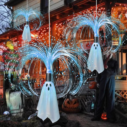 2-Pack 2FT Solar Fiber Optic Ghost Lights, Cool White Hanging Halloween Yard Decor