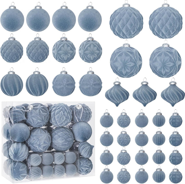 46PCS Velvet Christmas Ornaments – Gray Blue Shatterproof Tree Decor