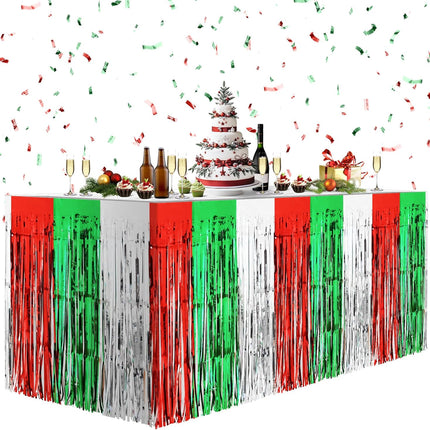 2PCS Christmas Table Skirts – 29x108" Red, Silver & Green Metallic Foil Tinsel Fringe