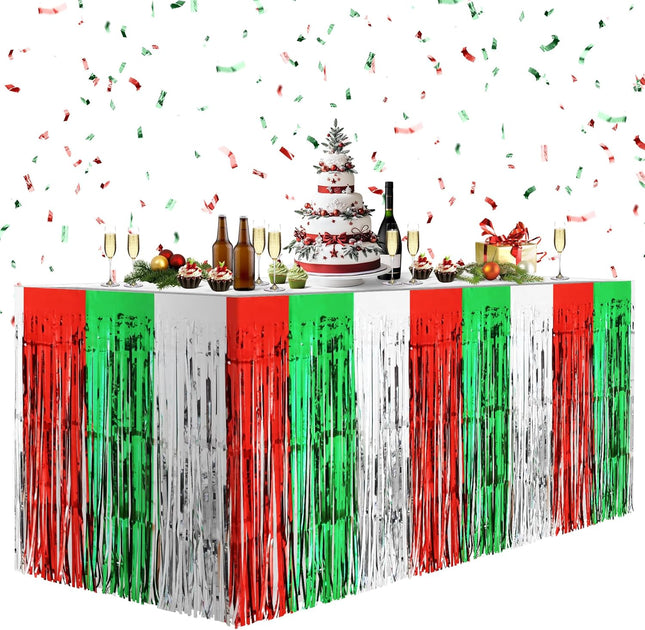 2PCS Christmas Table Skirts – 29x108" Red, Silver & Green Metallic Foil Tinsel Fringe
