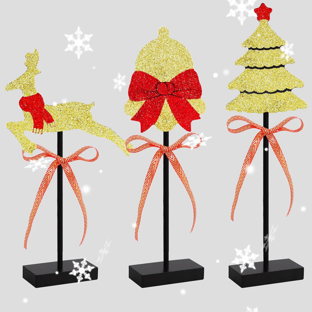 2025 Christmas Table Signs – Red Gold Glitter Wooden Centerpieces for Home & Party