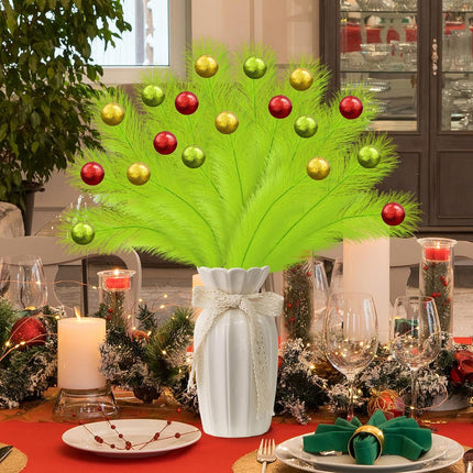 18PCS Christmas Tree Picks 17" | Lime Green Curly Stems with Glitter Balls