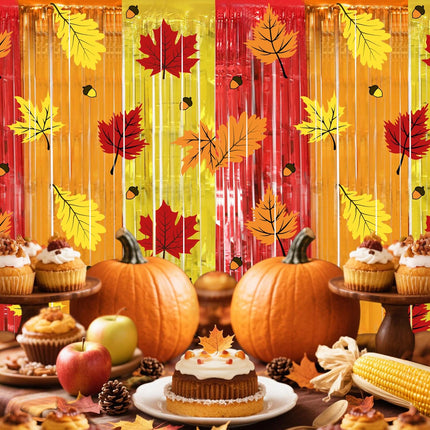 Fall Autumn Harvest Curtains 2 Pack Maple Leaf Pinecone Foil Fringe 3.3x6.6 Ft Backdrop