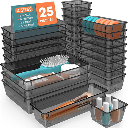 25-Piece Plastic Drawer Organizer Set – 4 Sizes for Makeup, Jewelry & More