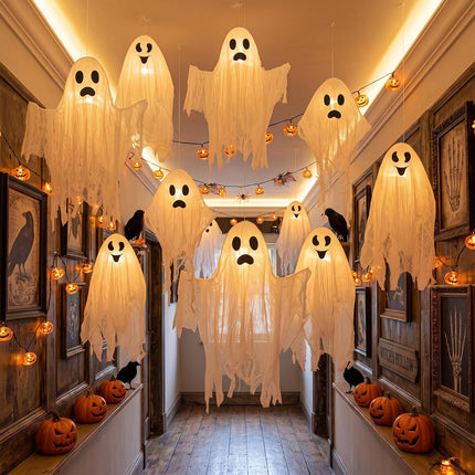 12-Piece Halloween Hanging Ghosts, 3 Sizes White Swinging Flying Ghost Yard Decor