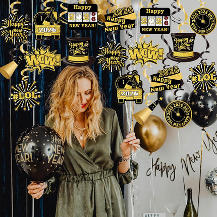 30-Piece Happy New Year 2026 Hanging Swirls – Party Decor with Champagne & Stars