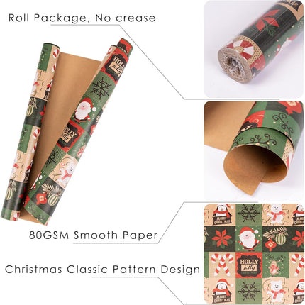 Christmas Kraft Wrapping Paper Roll – Snowflake & Santa Vintage Design