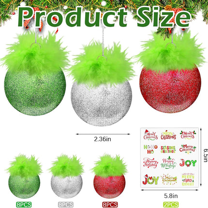 24-Piece Green Furry Christmas Ball Ornaments Red & Lime Green Glitter Hanging Decor