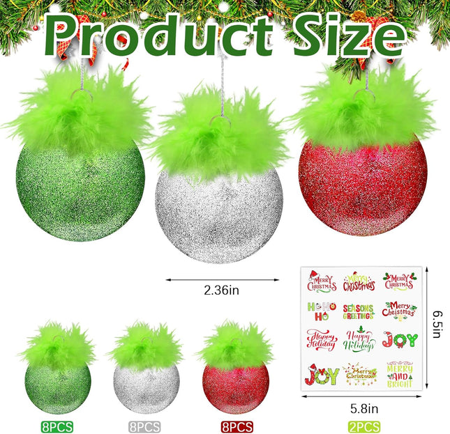 24-Piece Green Furry Christmas Ball Ornaments Red & Lime Green Glitter Hanging Decor