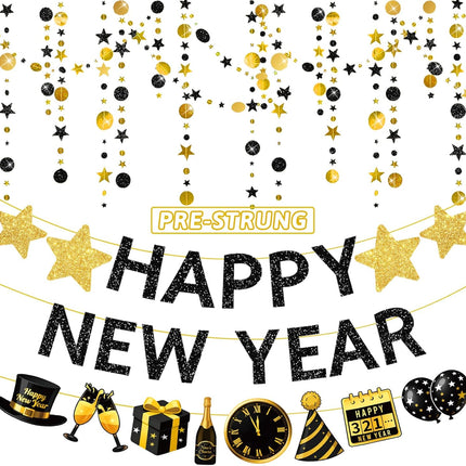 4 PCS Happy New Year 2026 Banner Black Gold Glitter Circle Star Garland