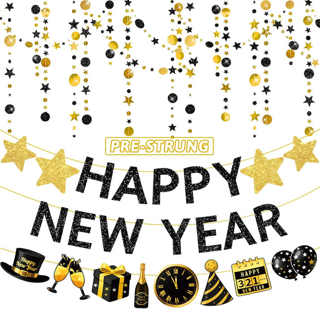 4 PCS Happy New Year 2026 Banner Black Gold Glitter Circle Star Garland
