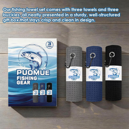 3-Pack Microfiber Fishing Towels with Clips, 16" x 16" Waffle Pattern Cleaning Towels