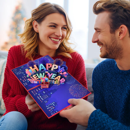 3D Pop-Up Happy New Year Card Fireworks Balloons Festive Greeting
