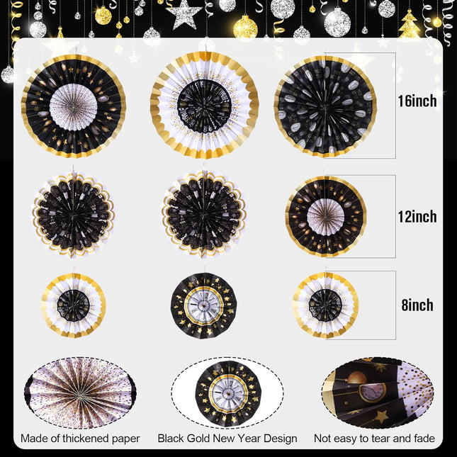 Happy New Year 2026 Paper Fans – 9-Pc Black & Gold Party Hanging Decor
