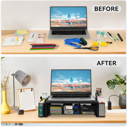Computer Monitor Stand Riser with Drawer & Pen Holders – Desk Organizer (Black)