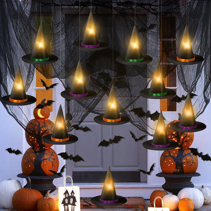 12PCS Lighted Hanging Witch Hats with 28 3D Bats & Creepy Cloth, Halloween Decor