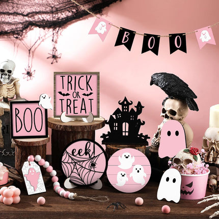 15-Piece Pink Halloween Ghost Tiered Tray Decor Set, Pastel Wooden Table Signs