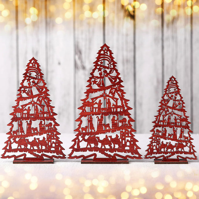 3PCS Wooden Nativity Christmas Trees – Vintage Tabletop Centerpiece Decorations