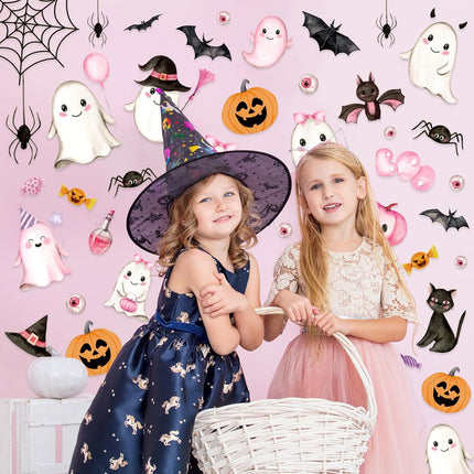 9-Sheet Pink Halloween Wall Stickers, Ghost Pumpkin Bat PVC Self-Adhesive Decals
