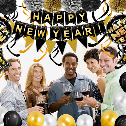 Happy New Year Banner & Party Decor – Black & Gold Flags, Swirls & Balloons