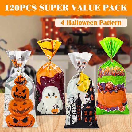 120PCS Halloween Treat Bags, Plastic Candy Goodie Bags with Twist Ties for Parties