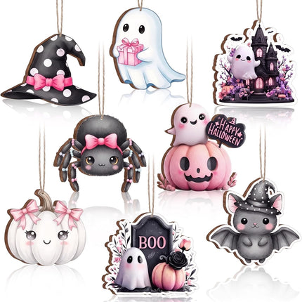 8-Piece Pink Halloween Wooden Ornaments, Ghost Pumpkin Bat Spider Witch Hat Decor