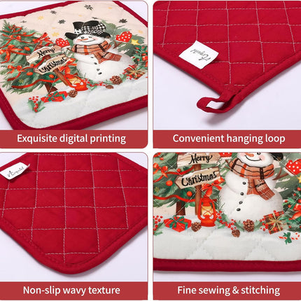 2Pcs Christmas Oven Mitts and Pot Holders, Heat Resistant Cotton with Deer & Snowman Design