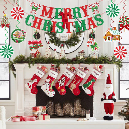 Merry Christmas Candy Banner Set Peppermint Decorations with Hanging Swirls