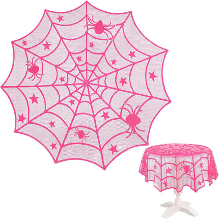 Pink Halloween Spider Tablecloth 40in, Sheer Fabric Dining & Picnic Party Decor