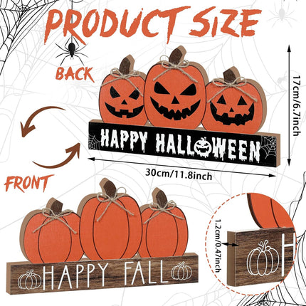 Happy Fall Halloween Wooden Pumpkin Sign, Double-Sided Tabletop Tiered Tray Decor