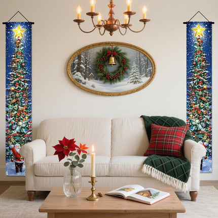 Christmas Door Banner Set – Snowy Tree & Santa Porch Decorations for Home & Yard