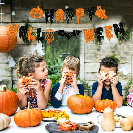 8-Piece Halloween Party Decor Kit, Happy Halloween Banner, Pom Poms & Bat Garland