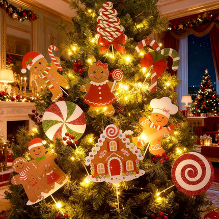 9Pcs Gingerbread Man Christmas Tree Picks – Gingerbread Boy, Girl & Candy Decorations