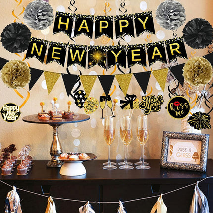 New Year Decorations Banner Pom Poms Triangle Flag Garland Set