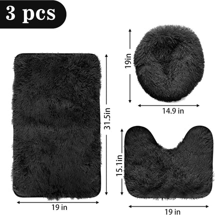 3 Piece Black Bathroom Rug Set with Bath Mat Shower Rug & Toilet Cover