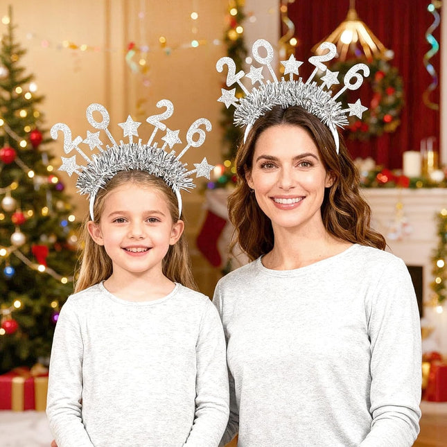 Happy New Year 2026 Headband – Silver Star Glitter Hair Band for Party
