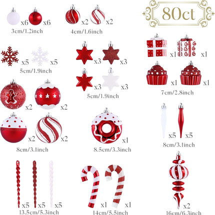 80-Piece Xmas Ball Ornaments – Red & White Candy Cane Tree Decorations, Bulk Set