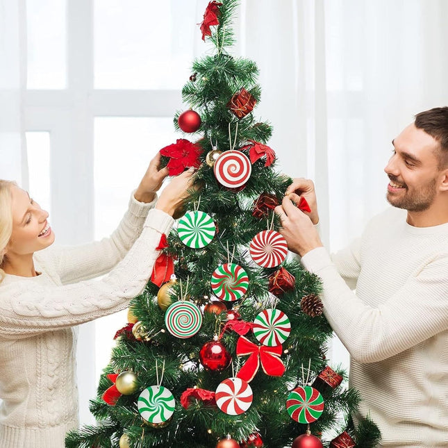 24pcs Wooden Christmas Tree Ornaments, Red, White & Green DIY Tags for Holiday Crafts & Decor