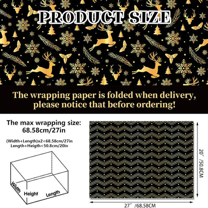 12 Sheets Christmas Wrapping Paper – 20x27" Black Gift Wrap for DIY Crafts