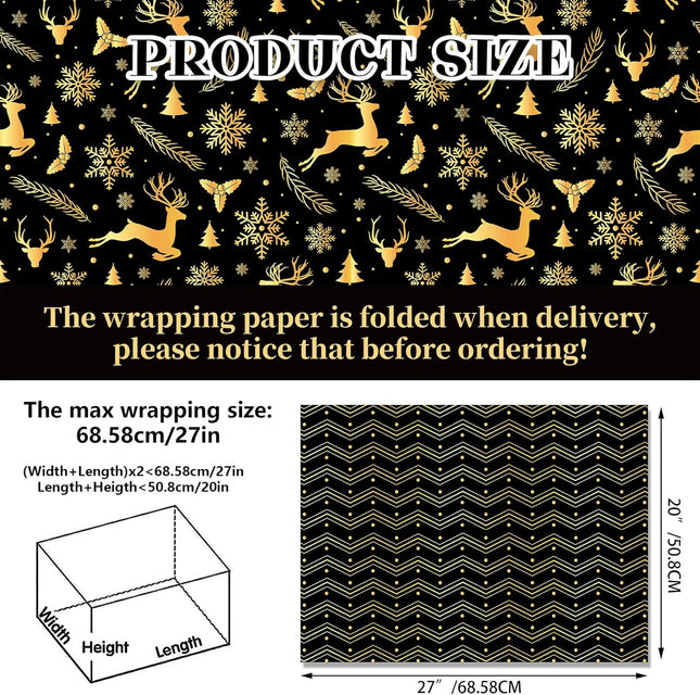 12 Sheets Christmas Wrapping Paper – 20x27" Black Gift Wrap for DIY Crafts