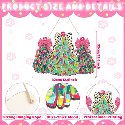 Pink Christmas Tree Door Sign – Wooden Welcome Wreath with Bows Decor